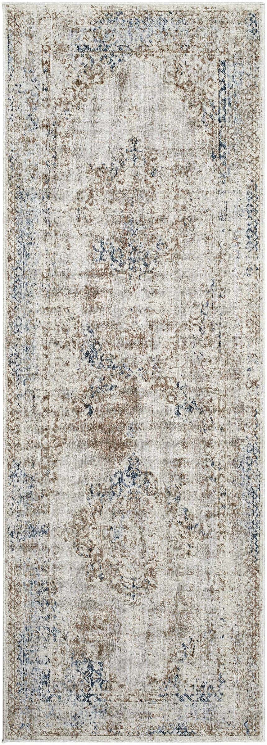 Kosta Beige & Blue Medallion Area Rug: Traditional farmhouse style with beige, brown, and blue distressed pattern. Design-Runner-2773