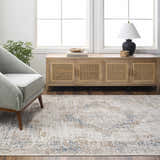 Living room scene with Kosta Beige & Blue Medallion Area Rug, gray chair, wood cabinet, and natural light. Roomscene-Rectangle
