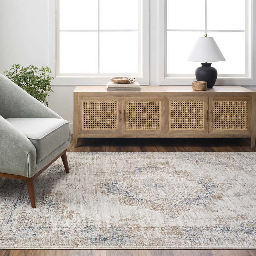 Living room scene with Kosta Beige & Blue Medallion Area Rug, gray chair, wood cabinet, and natural light. Roomscene-Rectangle