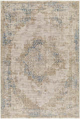 Close-up of the Kosta Beige & Blue Medallion Area Rug. Features a traditional, farmhouse style with beige and blue tones. Design-Rectangle-575