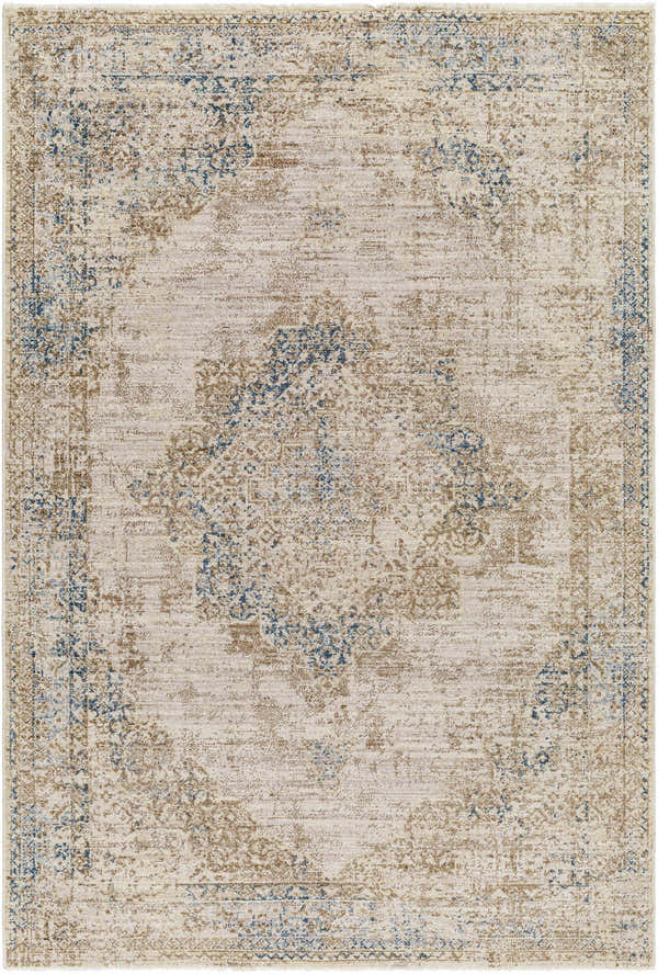 Close-up of the Kosta Beige & Blue Medallion Area Rug. Features a traditional, farmhouse style with beige and blue tones. Design-Rectangle-575