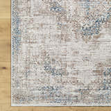 Close-up of Kosta Beige & Blue Medallion Area Rug showing its traditional design, beige, brown, and blue colors. Corner