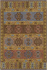 Close-up of the hand-woven Smithsburg Area Rug. Southwestern style with black, denim, coral, and yellow geometric patterns. Design-Rectangle-576