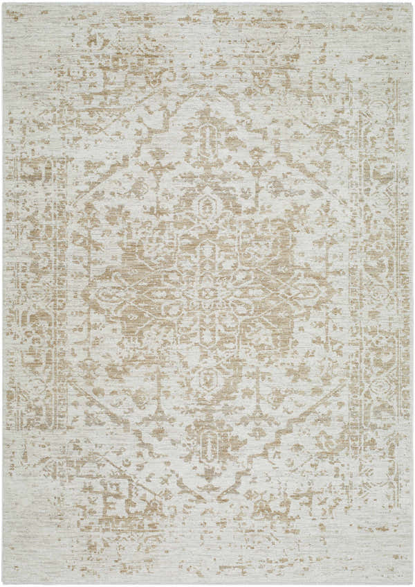 Close-up of the Sunee Luxe Rug in ash, pearl, and silver gray. Traditional farmhouse style with a distressed pattern. Design-Rectangle-57