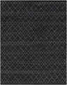 Close-up of the Sandyford Premium Rug. Black wool rug with cream geometric diamond pattern. Hand-knotted texture. Design-Rectangle-810