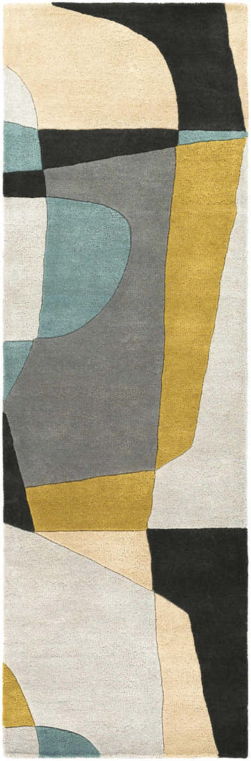 Close-up of the Sneedville Modern Wool Rug featuring an abstract geometric design in beige, black, gray, and dusty sage. Design-Runner-268