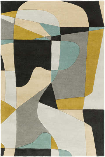 Close-up of the Sneedville Modern Wool Rug featuring a geometric design in beige, black, charcoal, sage, gray, and olive tones. Design-Rectangle-58