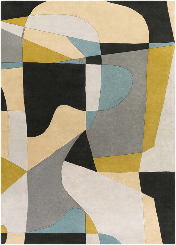 Abstract Sneedville Modern Wool Rug with beige, black, charcoal, sage, gray, and olive geometric shapes. Hand-tufted texture. Design-Rectangle-811