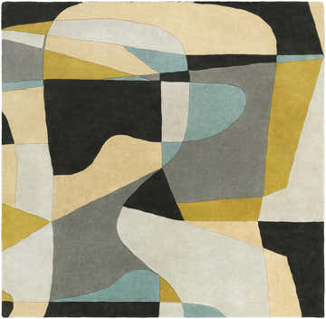 Close-up of the Sneedville Modern Wool Rug. Features abstract shapes in beige, black, charcoal, sage, gray, and olive tones. Design-Square-8