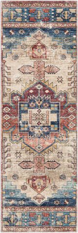 Detailed Snell Area Rug close-up. Traditional Southwestern design in amber, brick red, denim, and tan hues. Design-Runner-2676
