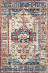 Close-up of the Snell Area Rug, a traditional design in amber, brick red, blue, and tan. Southwestern style with distressed texture. Design-Rectangle-576
