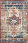 Close-up of the Snell Area Rug, a traditional design in amber, brick red, blue, and tan. Southwestern style with distressed texture. Design-Rectangle-576