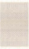 Close-up of the Sean Area Rug in gray, light peach, and white thatch with a geometric, hand-woven design and fringe. Design-Rectangle-810