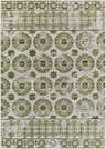 Close-up of Sangat Washable Area Rug with a cream base and sage green floral medallion and border pattern. Design-Rectangle-537