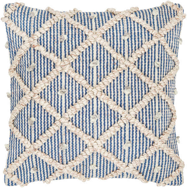 Brivan Blue and Ivory Tufted Diamond Lattice Cottage Recycled PET Yarn Outdoor Safe Accent Pillow - Clearance