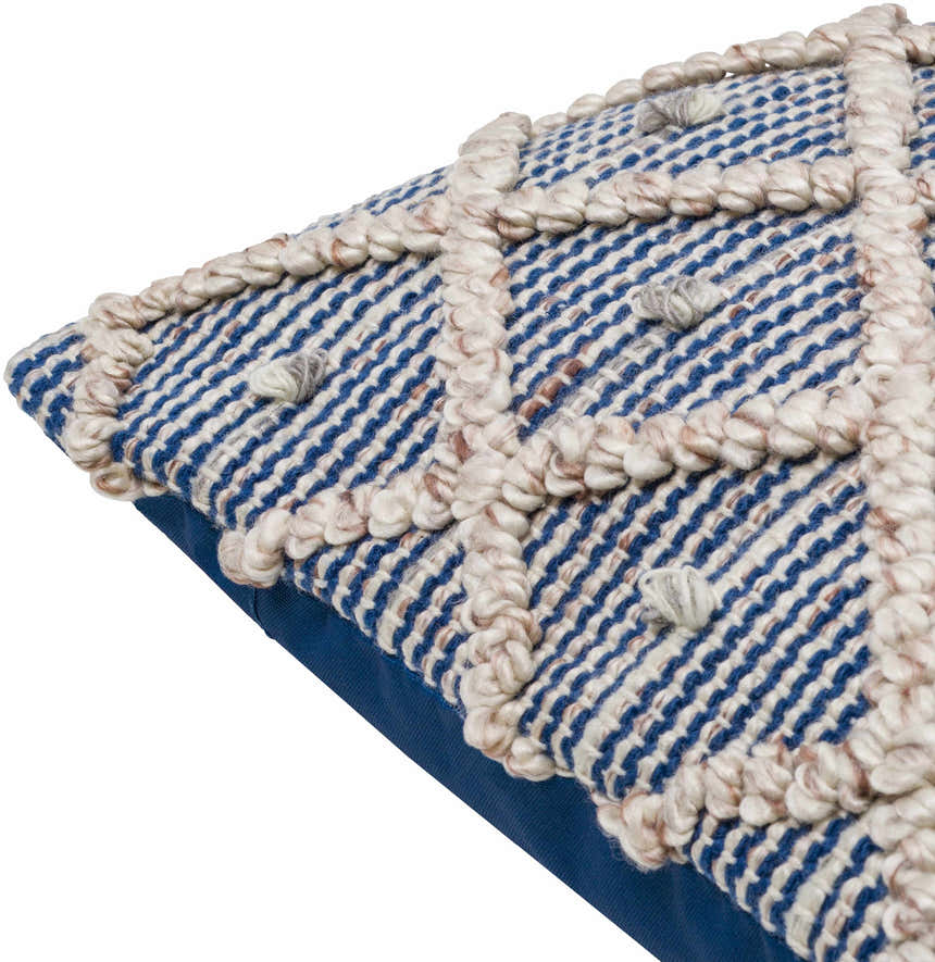 Brivan Blue and Ivory Tufted Diamond Lattice Cottage Recycled PET Yarn Outdoor Safe Accent Pillow - Clearance