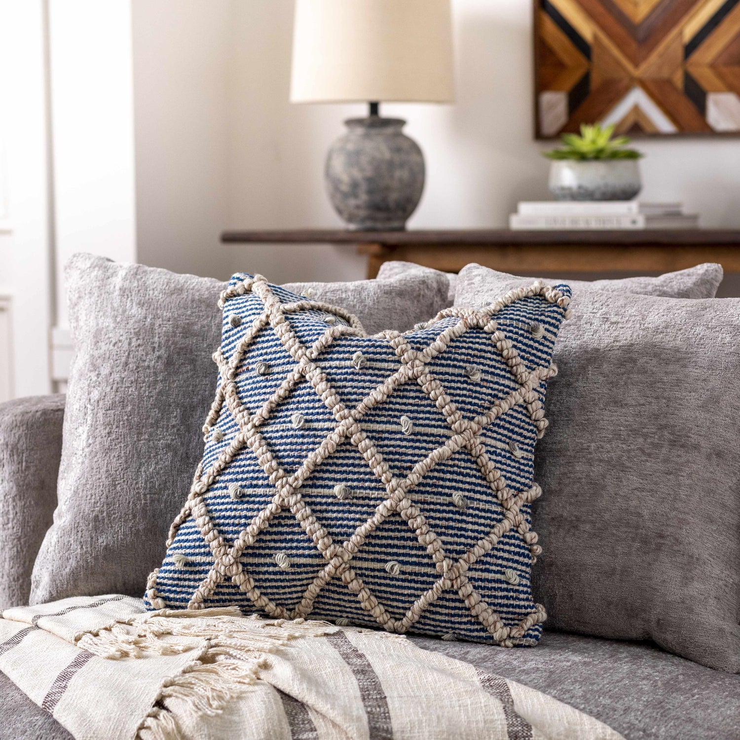 Brivan Blue and Ivory Tufted Diamond Lattice Cottage Recycled PET Yarn Outdoor Safe Accent Pillow - Clearance