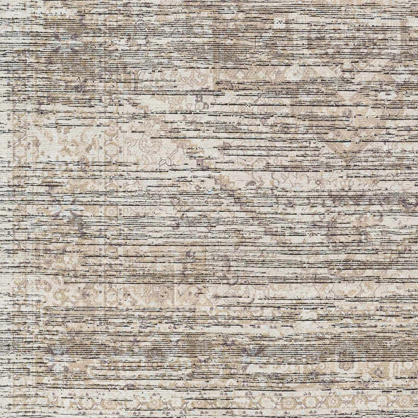 Close-up of the Elisa Area Rug showing a farmhouse style, with black lines and taupe floral pattern. Swatch