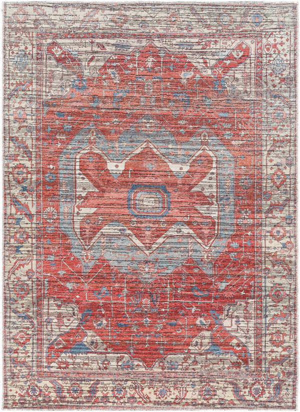 Close-up of the Saif Area Rug: a traditional, machine-woven rug in aqua, blue, burgundy, and terracotta hues. Design-Rectangle-57