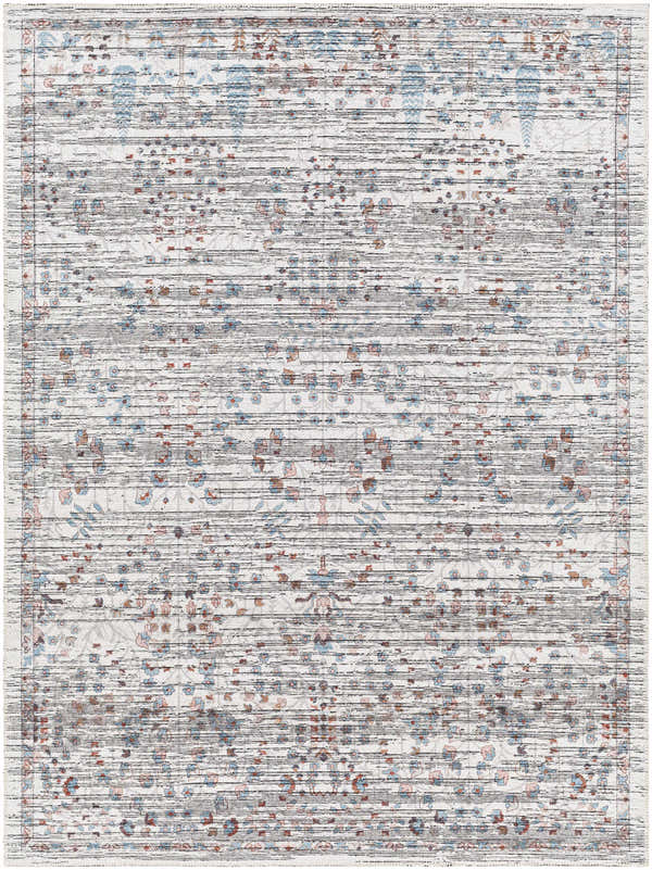 Close-up of the Vulk Area Rug: a machine-woven, traditional style rug with aqua, burgundy, and brown floral patterns on a light gray base. Design-Rectangle-57