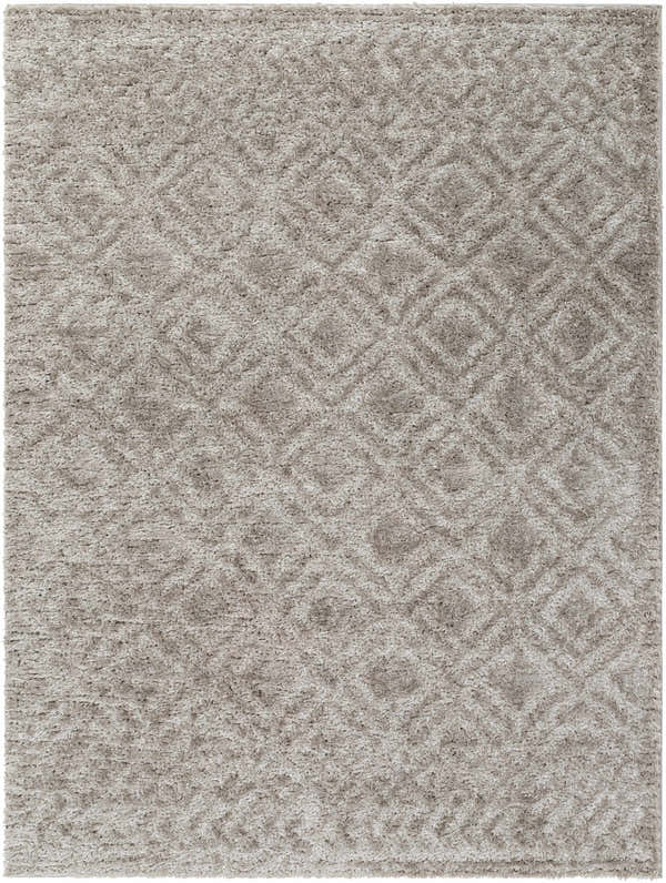 Close-up of the Amnon Area Rug; a gray shag rug with a subtle diamond pattern and soft, textured pile. Design-Rectangle-537