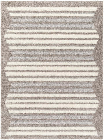 Close-up of the Buono Light Gray Area Rug, a shag rug with horizontal stripes in light gray and white. Design-Rectangle-537