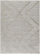 Close-up of the Edsel Gray Area Rug showing its shag texture and subtle geometric pattern in shades of gray and taupe. Design-Rectangle-537