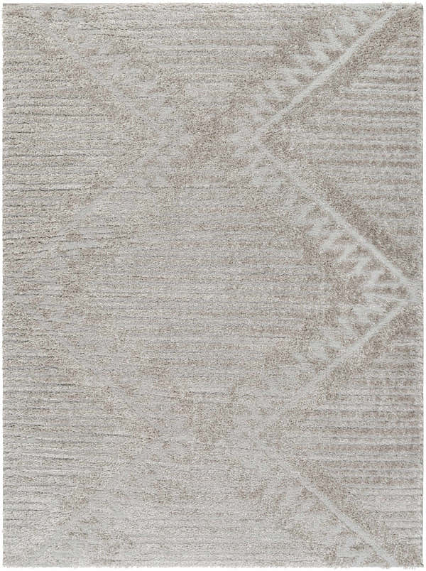Close-up of the Edsel Gray Area Rug showing its shag texture and subtle geometric pattern in shades of gray and taupe. Design-Rectangle-537