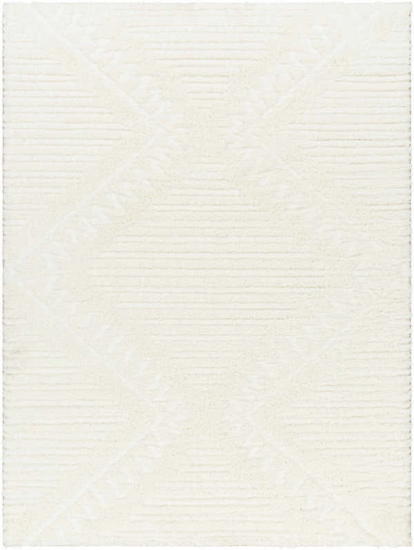 Close-up of the Edsel Off-White Area Rug, featuring a subtle geometric pattern and soft, shag texture. Design-Rectangle-537