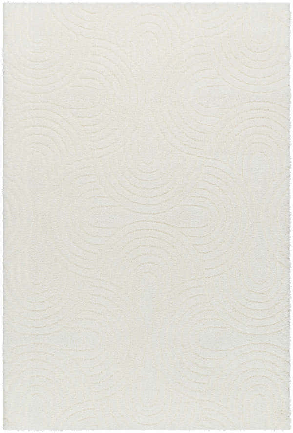 Close-up of a beige Kaoru Area Rug. Shag texture with subtle, swirling contemporary pattern. Design-Rectangle-537