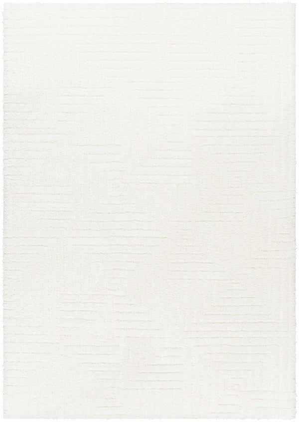 Close-up of the Layla Area Rug, a white shag rug with a subtle geometric pattern. Design-Rectangle-537