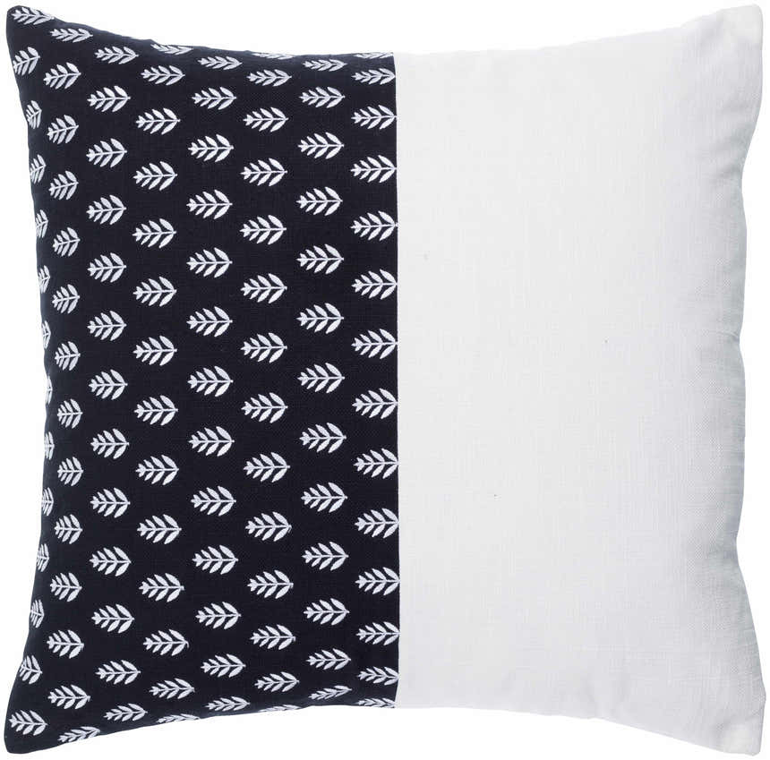 Arbex Black and Off White Botanical Color Block Modern Cotton Accent Pillow