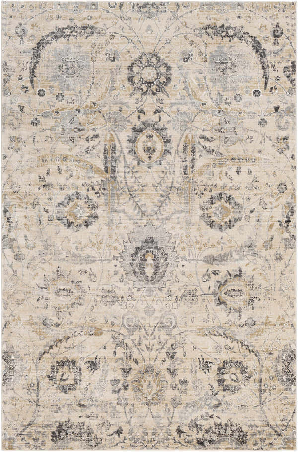 Close-up of the Georgiana Beige Area Rug featuring a traditional floral pattern in beige, black, gray, and mustard tones. Design-Rectangle-5373