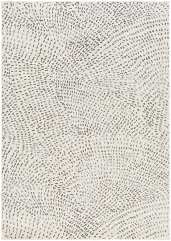Close-up of the Sina Area Rug, featuring a contemporary dotted pattern in light gray, medium gray, and off-white. Design-Rectangle-57