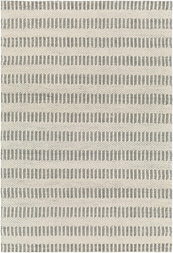 Close-up of the hand-woven Circe Wool Area Rug. Bone and dark gray geometric pattern with a subtle Scandinavian style. Design-Rectangle-576