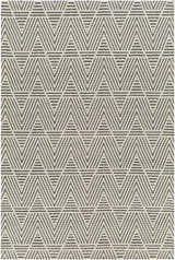 Close-up of the Dawid Wool Area Rug featuring a black and bone geometric triangle pattern. Hand-woven texture. Design-Rectangle-576