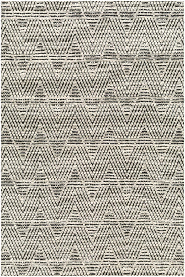 Close-up of the Dawid Wool Area Rug featuring a black and bone geometric triangle pattern. Hand-woven texture. Design-Rectangle-576