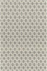 Close-up of the Edyta Area Rug featuring a geometric diamond pattern in bone and dark gray. Hand woven texture. Design-Rectangle-576