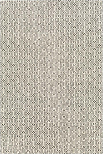 Close-up of Puna Area Rug showing a black and bone geometric trellis pattern. Hand woven texture. Design-Rectangle-576