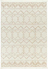 Close-up of the Armen Area Rug. Beige and cream rug with geometric diamond and chevron pattern and fringe. Design-Rectangle-537
