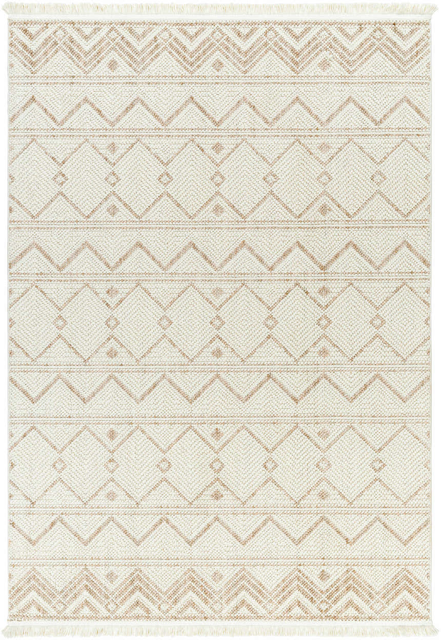 Close-up of the Armen Area Rug. Beige and cream rug with geometric diamond and chevron pattern and fringe. Design-Rectangle-537