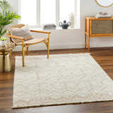 Living room scene with a beige Armen Area Rug, wood floors, and a decorative chair. Roomscene-Rectangle