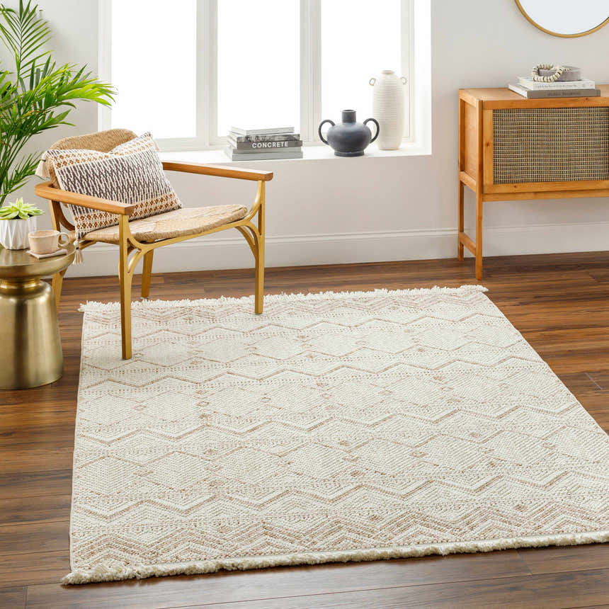 Living room scene with a beige Armen Area Rug, wood floors, and a decorative chair. Roomscene-Rectangle