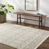 Entryway with Armen Area Rug, wood bench, mirror, and potted plant. Farmhouse style. Roomscene-Rectangle