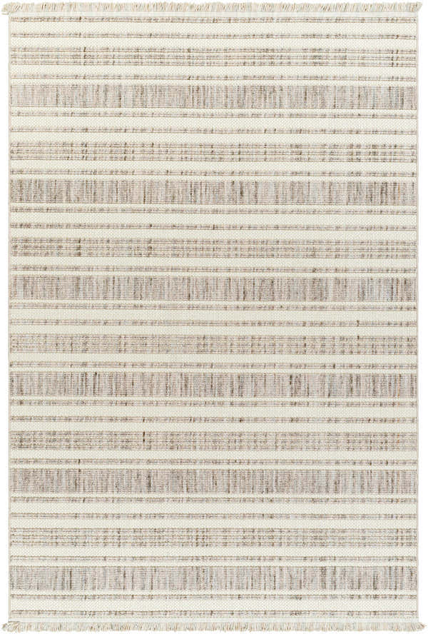 Close-up of the Avari Area Rug, a machine-woven rug with beige, bone, and brown horizontal stripes and a short fringe. Design-Rectangle-537