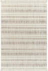 Close-up of the Avari Area Rug, a machine-woven rug with beige, bone, and brown horizontal stripes and a short fringe. Design-Rectangle-537