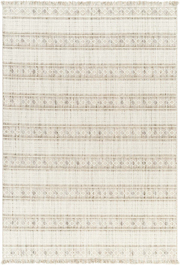 Close-up of Dagan Area Rug. Beige rug with horizontal stripes and diamond pattern. Farmhouse, Scandinavian style. Design-Rectangle-537