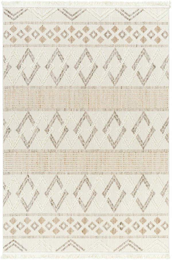 Close-up of Faruq Area Rug. Beige rug with geometric diamond patterns in brown and gray. Farmhouse style. Design-Rectangle-537
