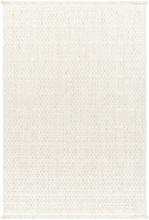 Close-up of the Hamal Area Rug. Cream and light tan geometric diamond pattern with fringe. Farmhouse style. Design-Rectangle-537