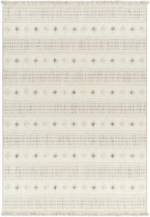Close-up of Hideo Area Rug. Beige rug with gray and brown horizontal stripes and diamond pattern. Farmhouse style. Design-Rectangle-537